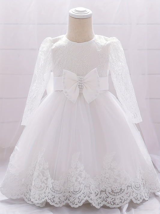 Baby Girls Floral Embroidery Long Sleeve Mesh Gown Princess Dress