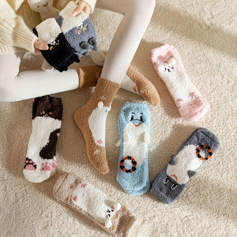 8 Pairs Cartoon Animal Print Fuzzy Warm Socks Women's Stockings