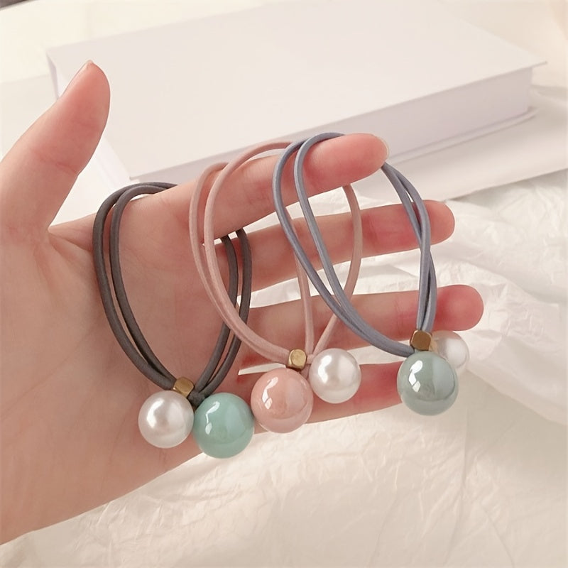 Adjustable Faux Pearl Elastic Rubber Band Solid Hair Tie