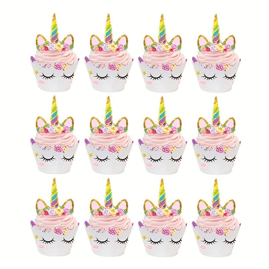 Unicorn Cup Cake Toppers & Wrappers Rainbow Liners, Girl Birthday Party Supplies