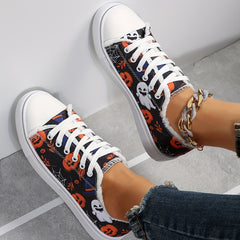 Women's Ghost & Pumpkin Pattern Canvas Shoes Halloween Lace Up Low Round Toe