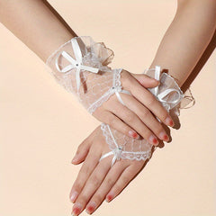 Sweet Bow Lace Gloves Solid Mesh Fingerless Gloves