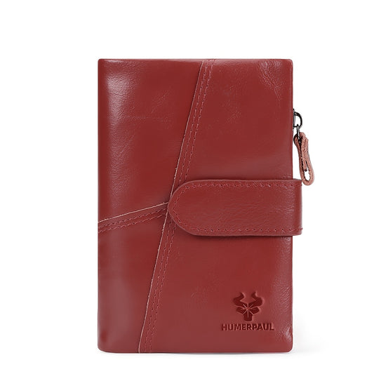 HUMERPAUL Women's Red Leather Clutch Bi-Fold Snap Closure Lanyard