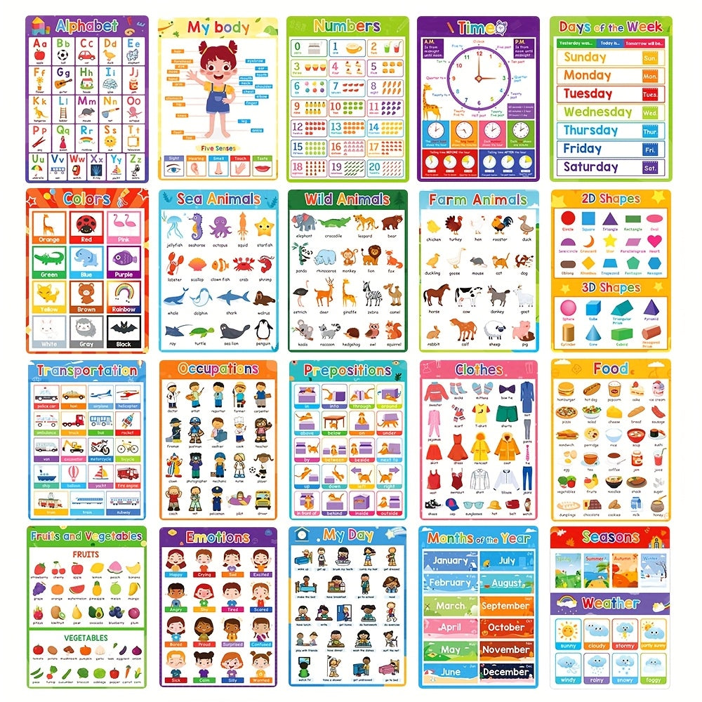 19pcs Educational Learning Charts Set for Classroom Decorations & Teaching Aids