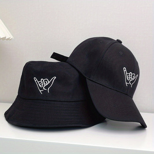 2pcs Gesture Embroidered Bucket Hat Set Unisex Sun Hat