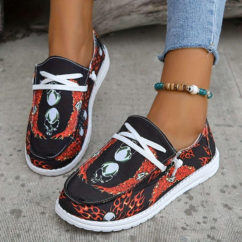 Women's Skull Pattern Canvas Shoes Lace Up Slip On Soft Sole Halloween Sneakers