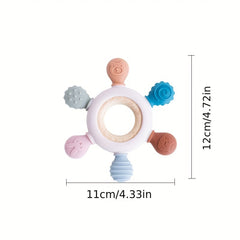 Silicone Baby Teether Rudder Shape Wooden Teether Ring Touch Training BPA Toy
