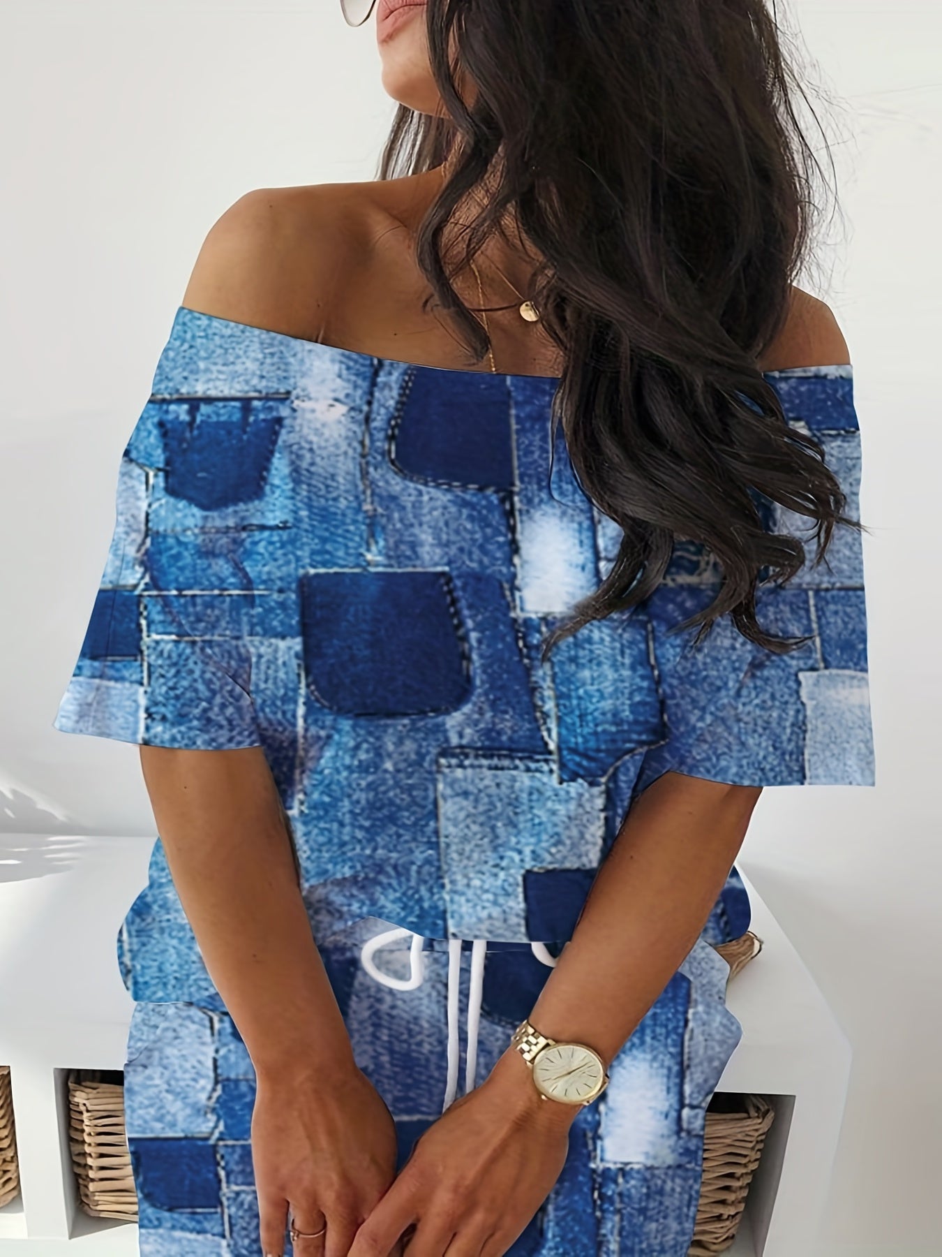  Denim Print One Shoulder Top & Skirt Set