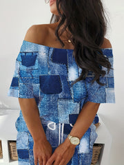  Denim Print One Shoulder Top & Skirt Set