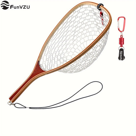 FunVZU Magnetic Trout Net Release Soft Rubber Mesh Wood Handle Safety Cord