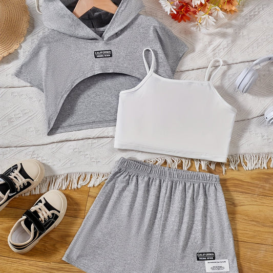 Girl's 3pcs Hooded T shirt & Camisole & Shorts Set CALIFORNIA Patched