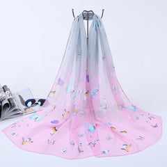 Chiffon Silk Scarf Gradient Butterfly Print Headwrap Large Shawl
