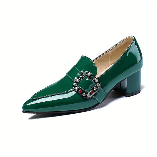 Rhinestone Chunky Heel Slip-On Shoes - Women's Comfortable Pointed Toe Heels