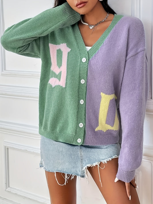Letter Pattern Knit Cardigan Button Front Sweater