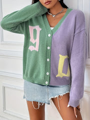 Letter Pattern Knit Cardigan Button Front Sweater