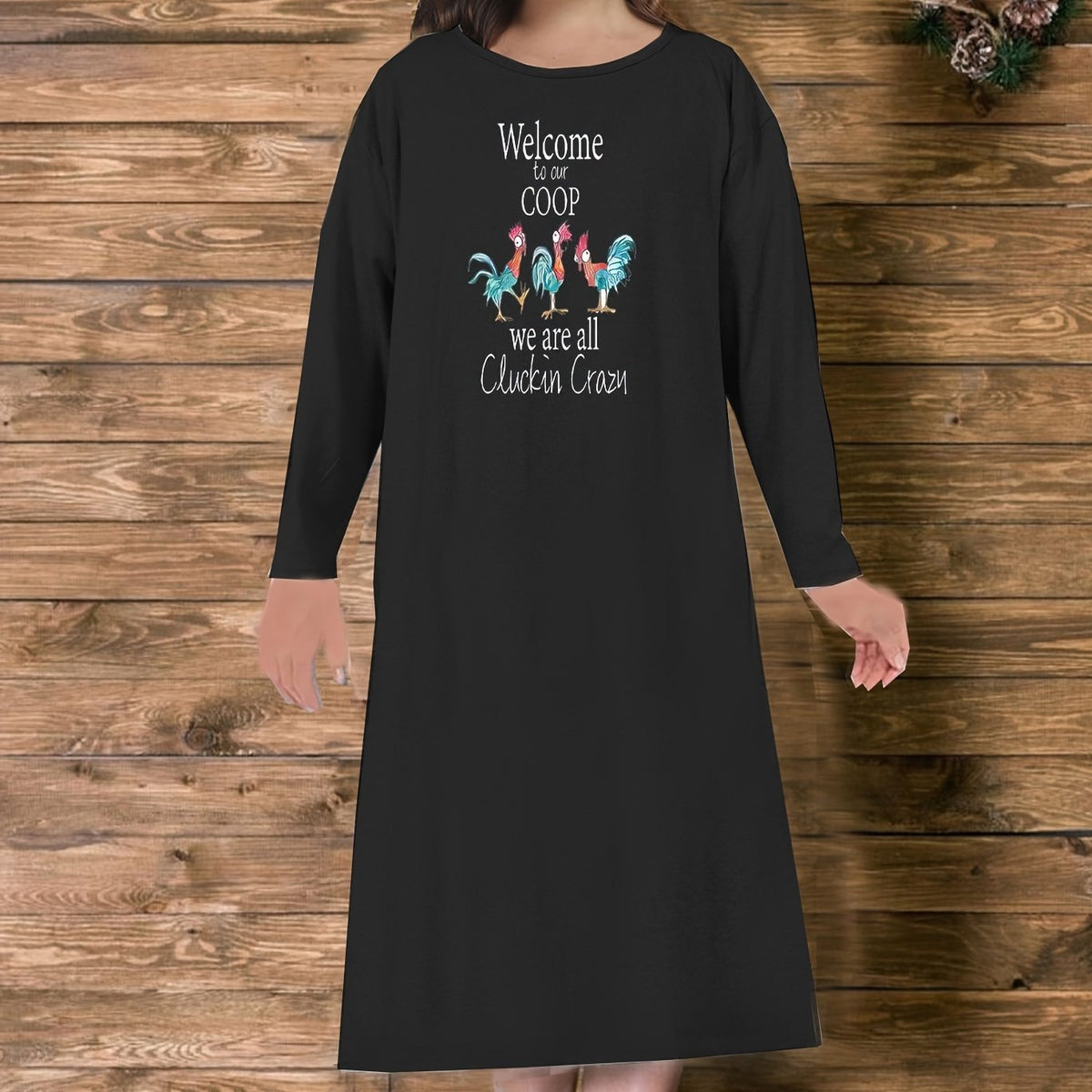  Rooster & Slogan Print Long Sleeve Nightdress