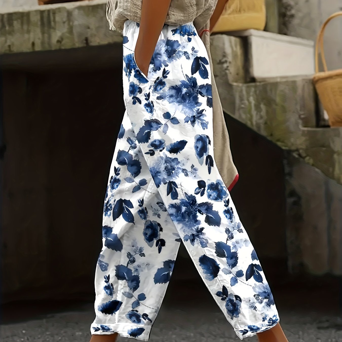  Tie Dye Floral Print High Rise Pants With Pockets