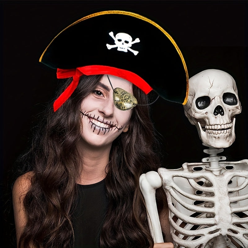 3pcs Halloween Pirate Costume Set Red Ribbon Captain & Hat Hook & Golden Mask