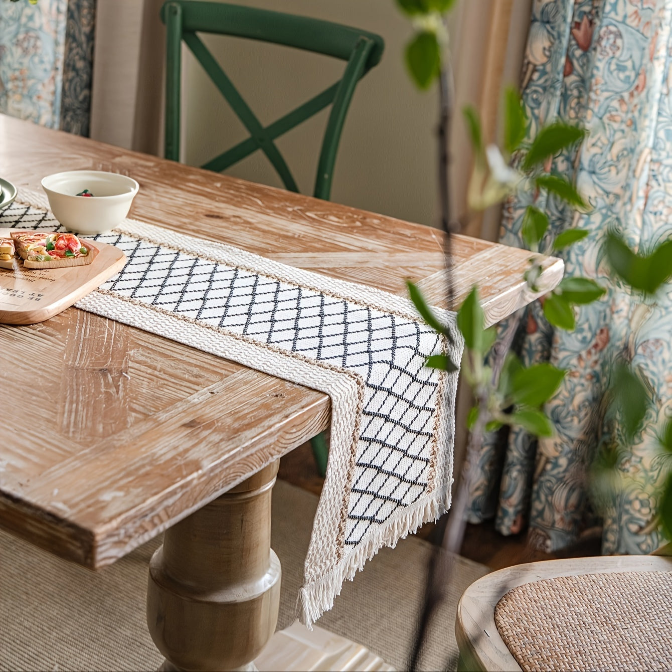 Rectangle Table Runner Grid Table Flag Cotton Linen Rhombus Jute Tassel