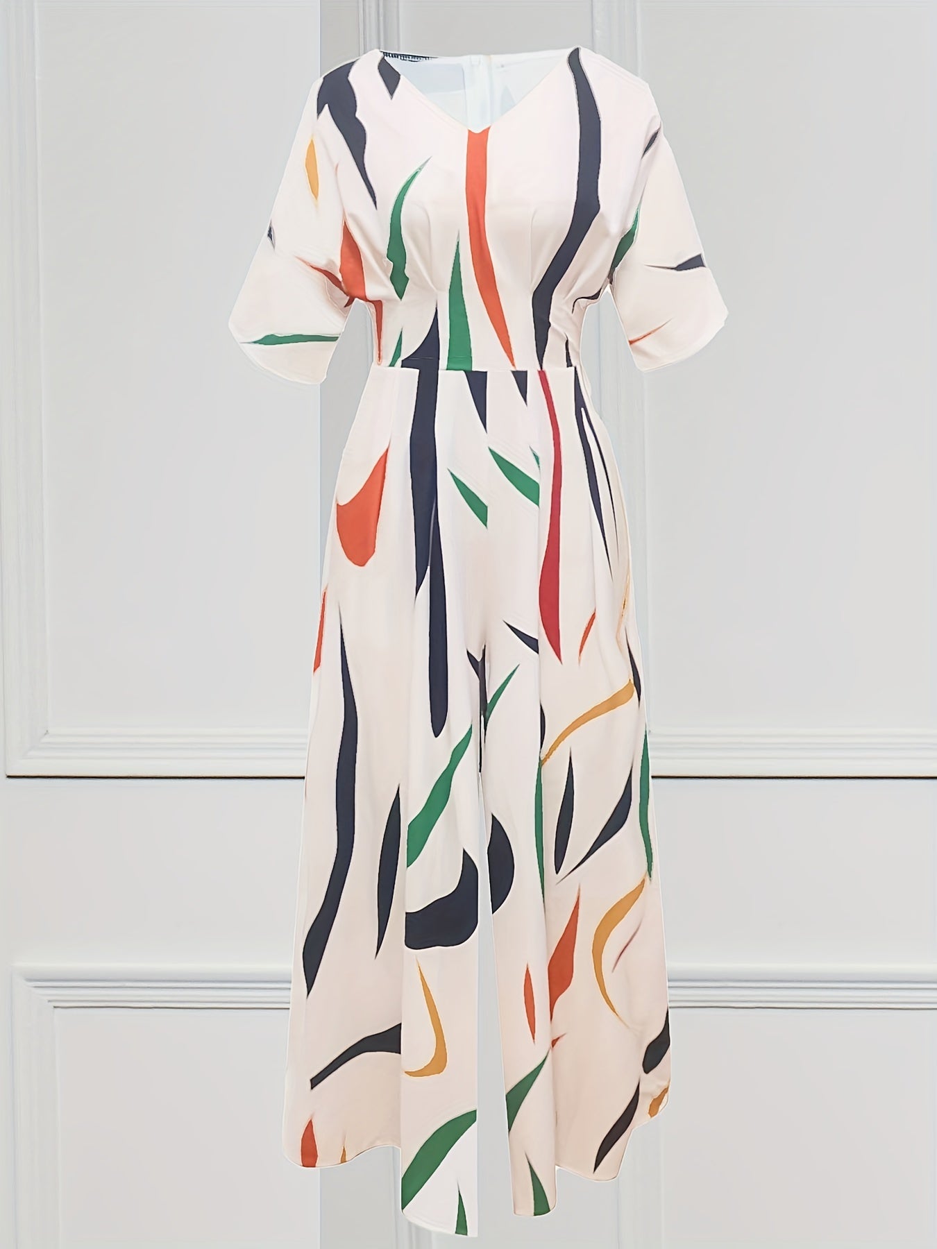Abstract Print Jumpsuit Casual V Neck Short Sleeve Wide Leg Jumpsuit