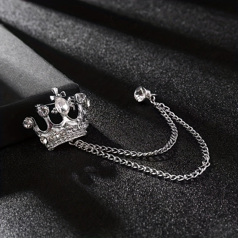 Rhinestone Crown Brooch Chain Tassel Suit Jewelry Collar Pin
