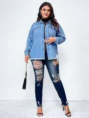  Casual Denim Top Women's Plus Solid Button Up Long Sleeve