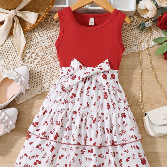 Girls' Holiday Party Dress with Belt, Sleeveless Floral Casual