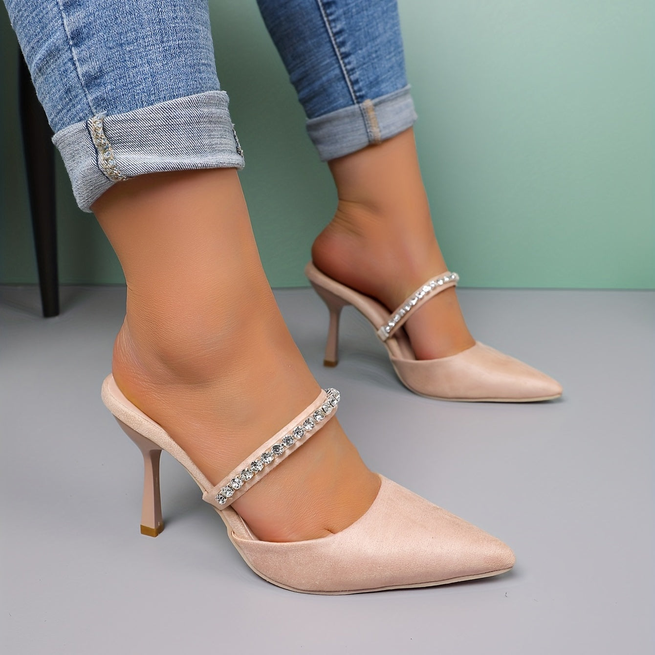 Women's Rhinestone Stiletto Heels Pointed Toe Slip On Pumps