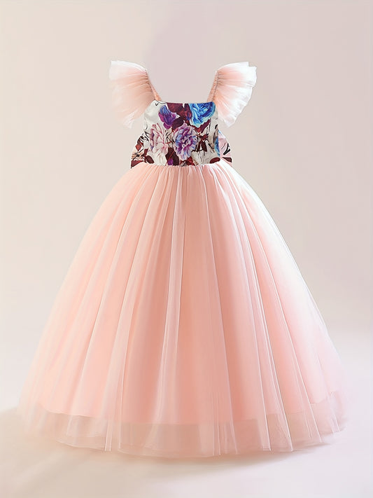 Flower Girl Maxi Wedding Dress with Flowers Graphic Tulle