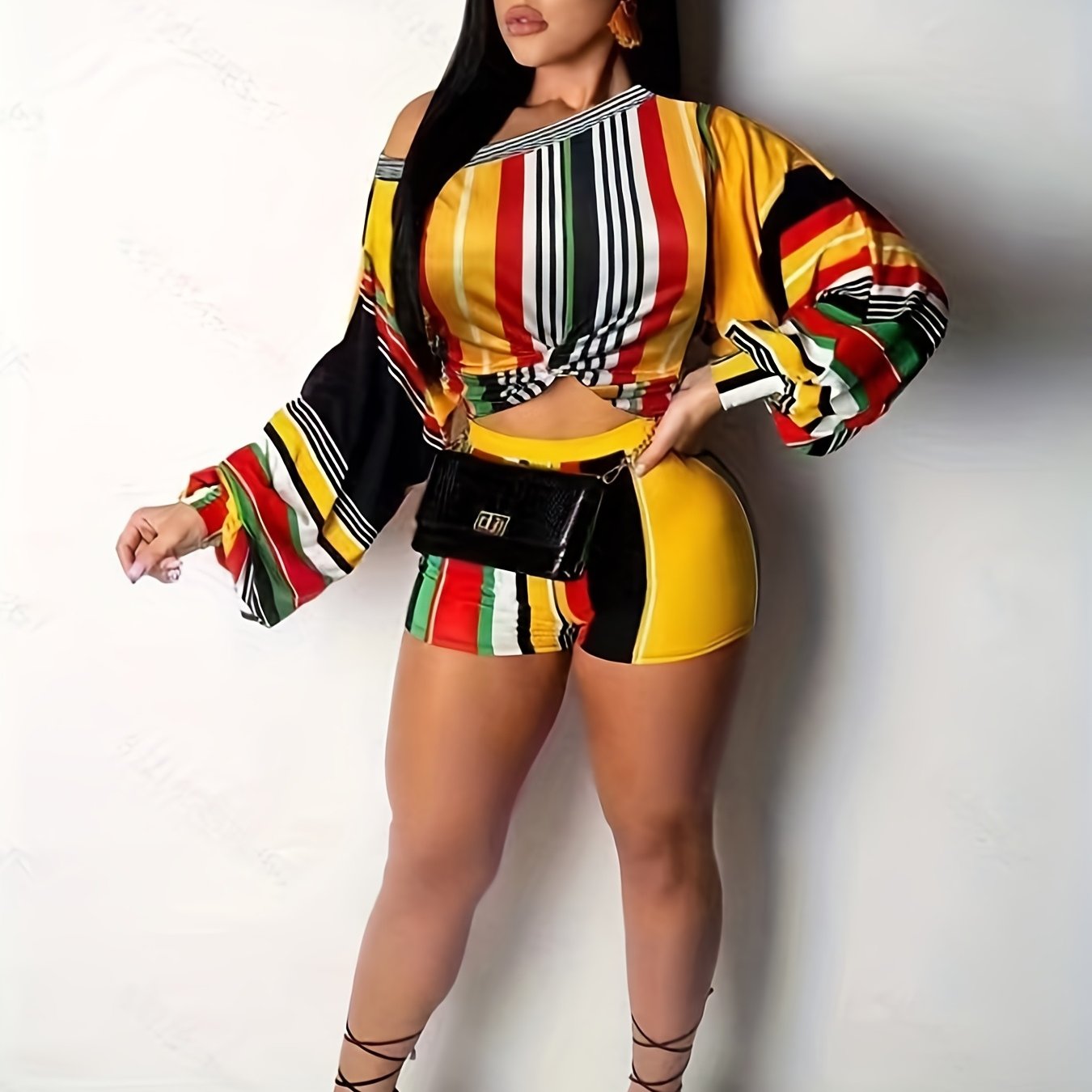  Stripe Print One Shoulder Knot Crop Top & Shorts Set