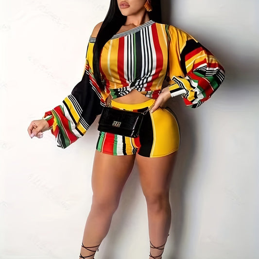  Stripe Print One Shoulder Knot Crop Top & Shorts Set