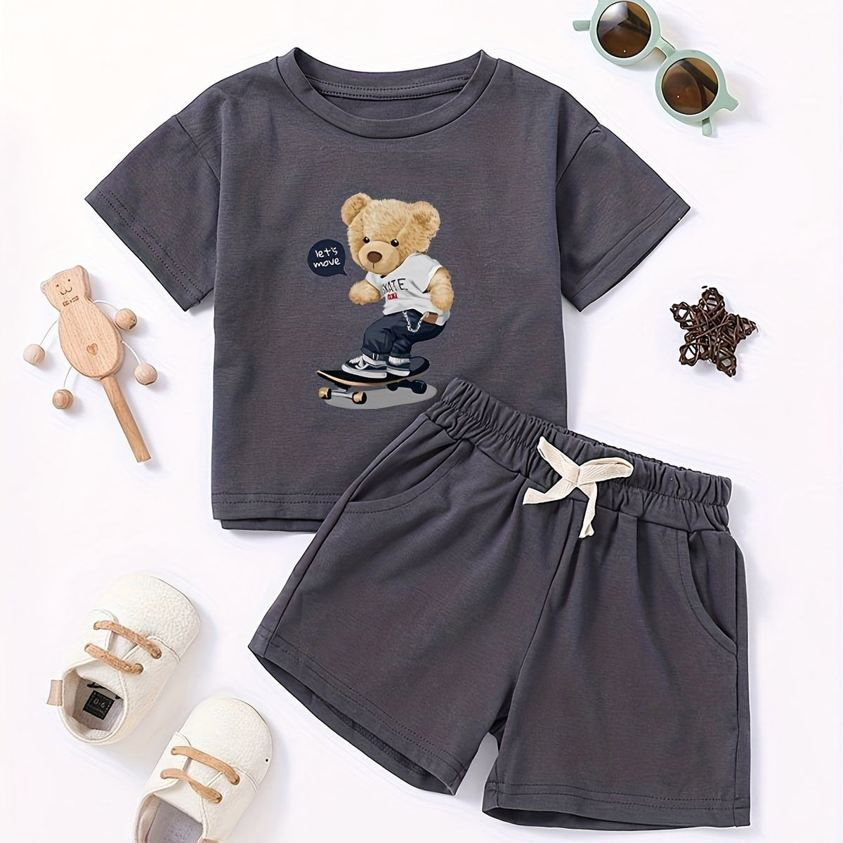Boys Summer Bear Tracksuit Set Casual T-shirt and Shorts Kids Outfits