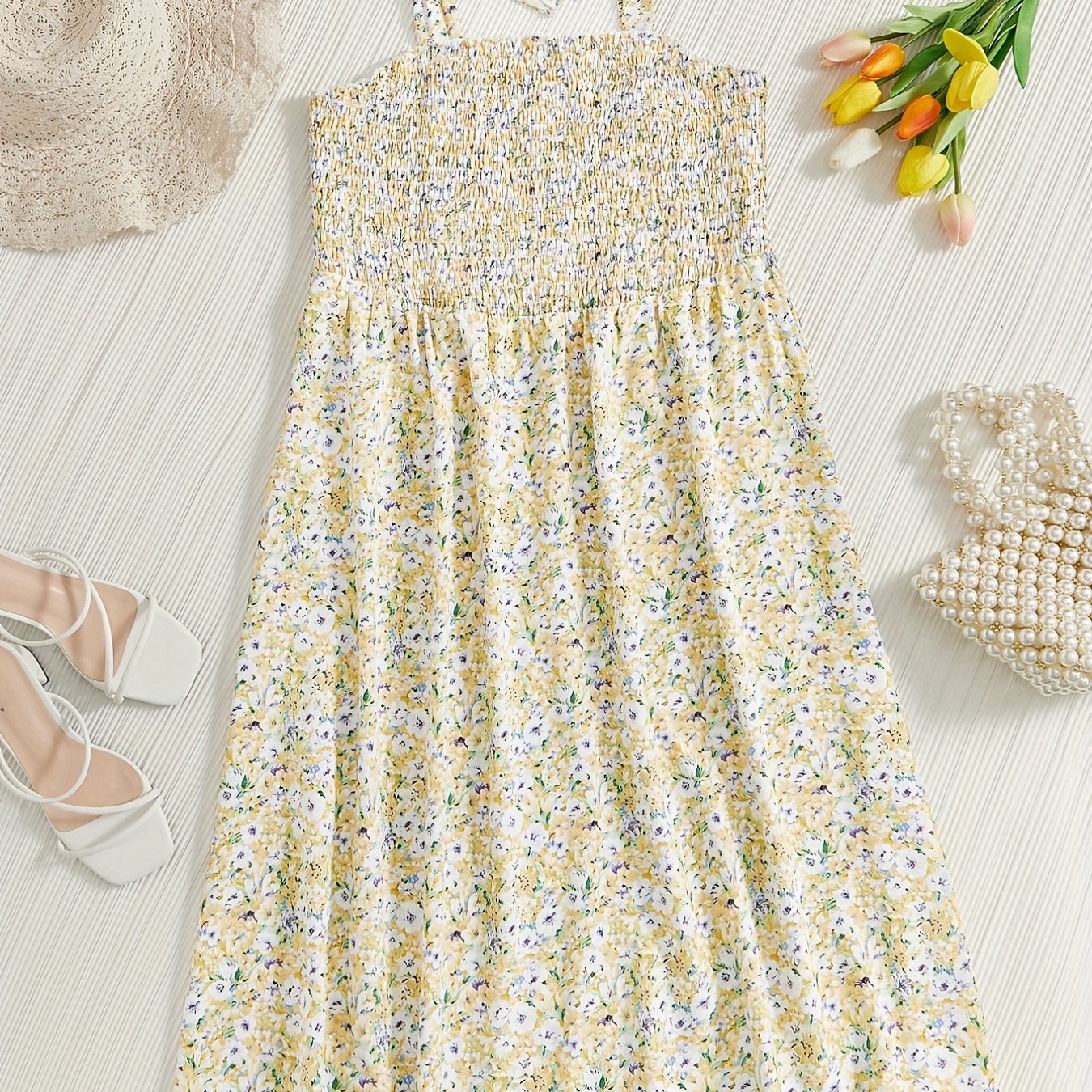  Ditsy Floral Print Shirred Tie Shoulder Cami Dress
