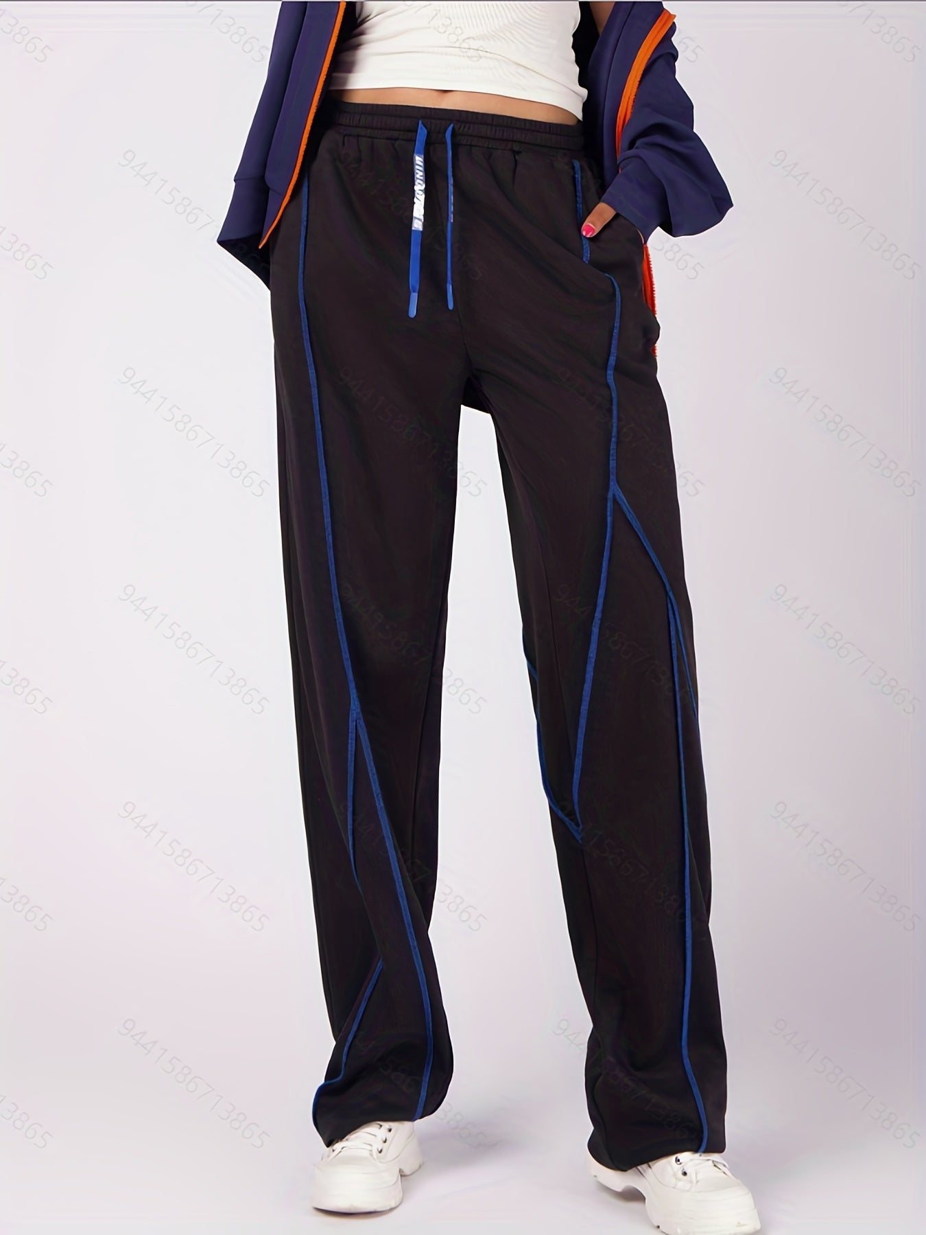 Plus Size Casual Pants Women's Plus Stitching Drawstring Straight Leg Trousers