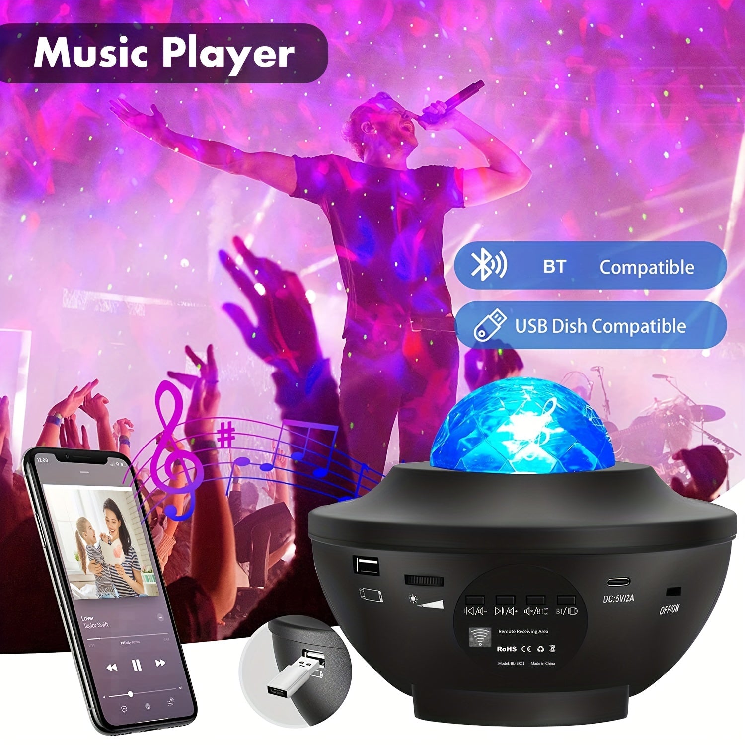 Star Projector Night Light Remote Control Music Speaker Timing Function