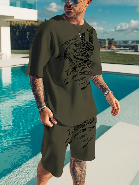 Eagle Pattern Mens 2 Piece Outfits Short Sleeve T-shirt And Shorts Set