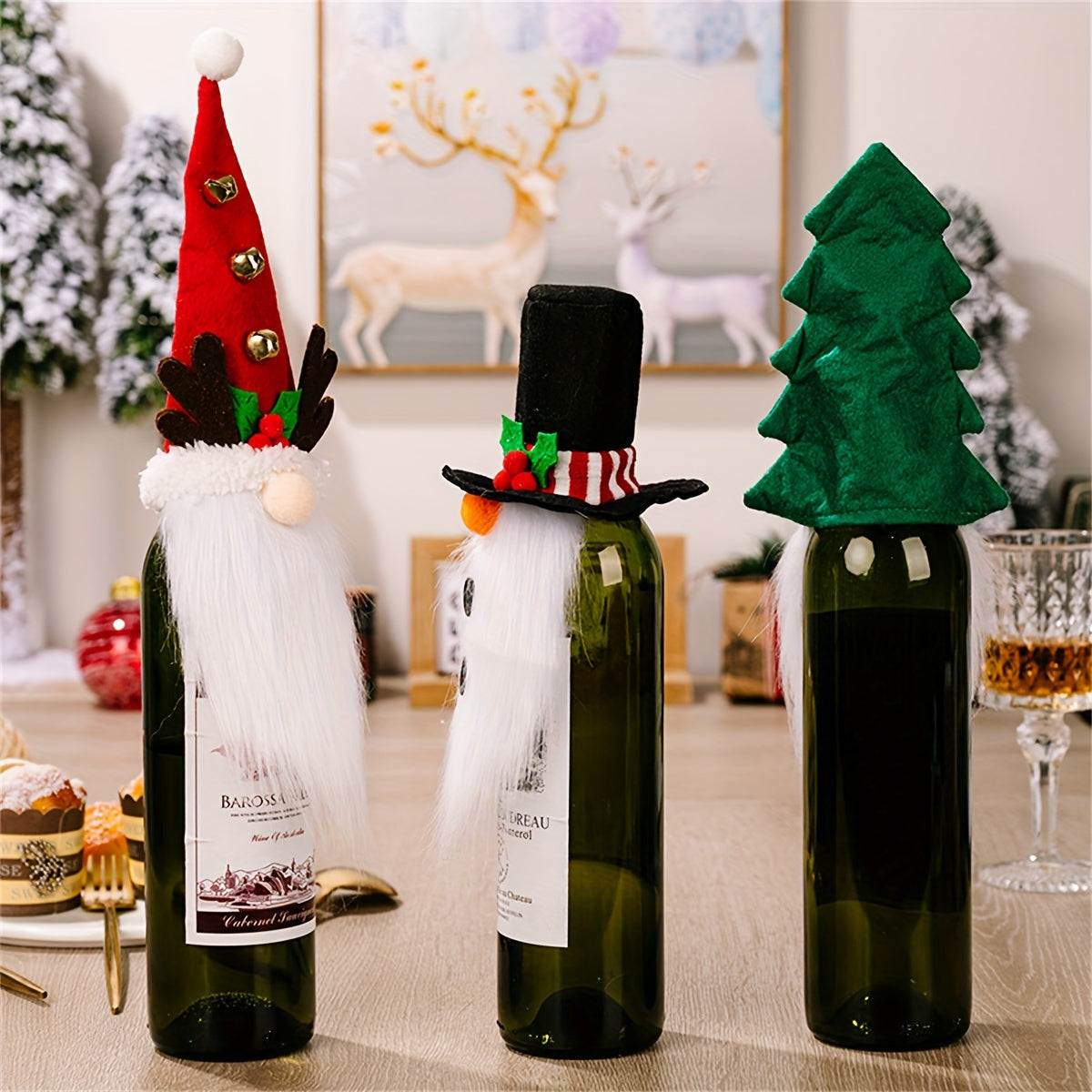 Christmas Tree Wine Bottle Set Antlers Top Hat Dwarf Lid Faceless Doll