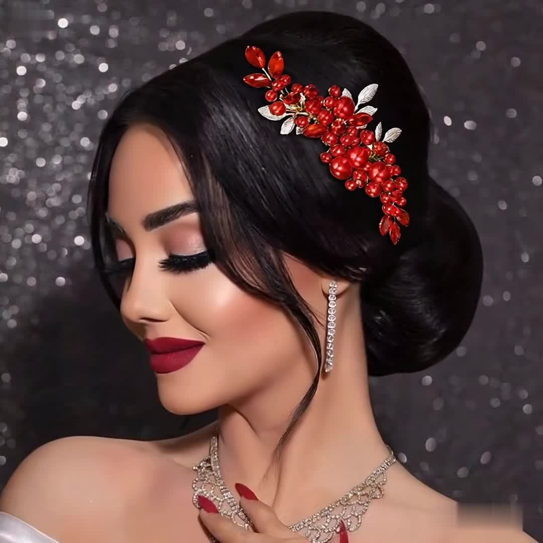 Red Beaded Bridal Headband Floral Hair Accessory