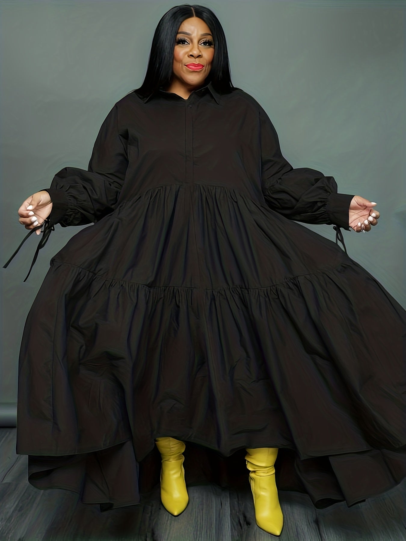  Tie Lantern Sleeve Ruffle Smock Dress