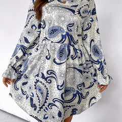Paisley Floral Print Flounce Sleeve Round Neck Mini Dress