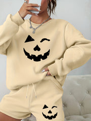 Plus Size Women's Ghost Face Print Sweatshirt & Shorts Outfit Set