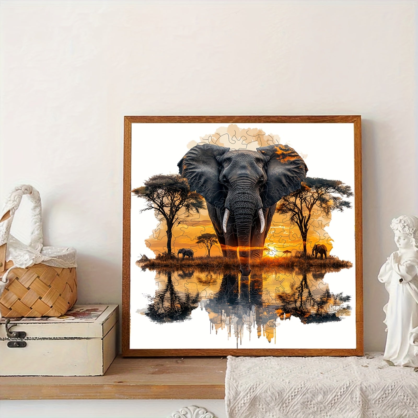 Elephant Forest Wooden Jigsaw Puzzle Vibrant Sunset Unique Animal Shapes