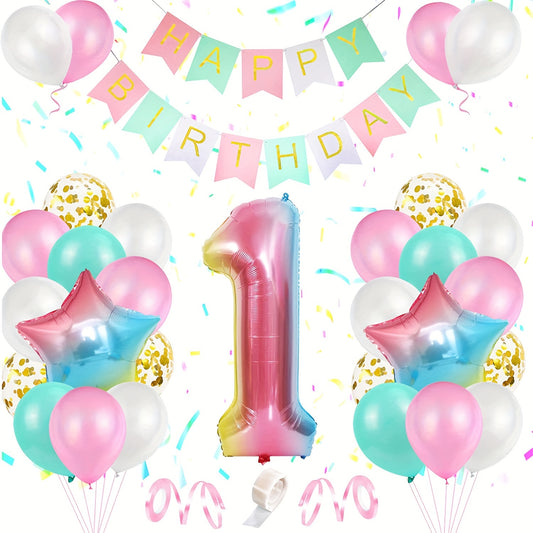 1st Birthday Balloon Decoration Set with Happy Birthday Banner and Foil Balloons