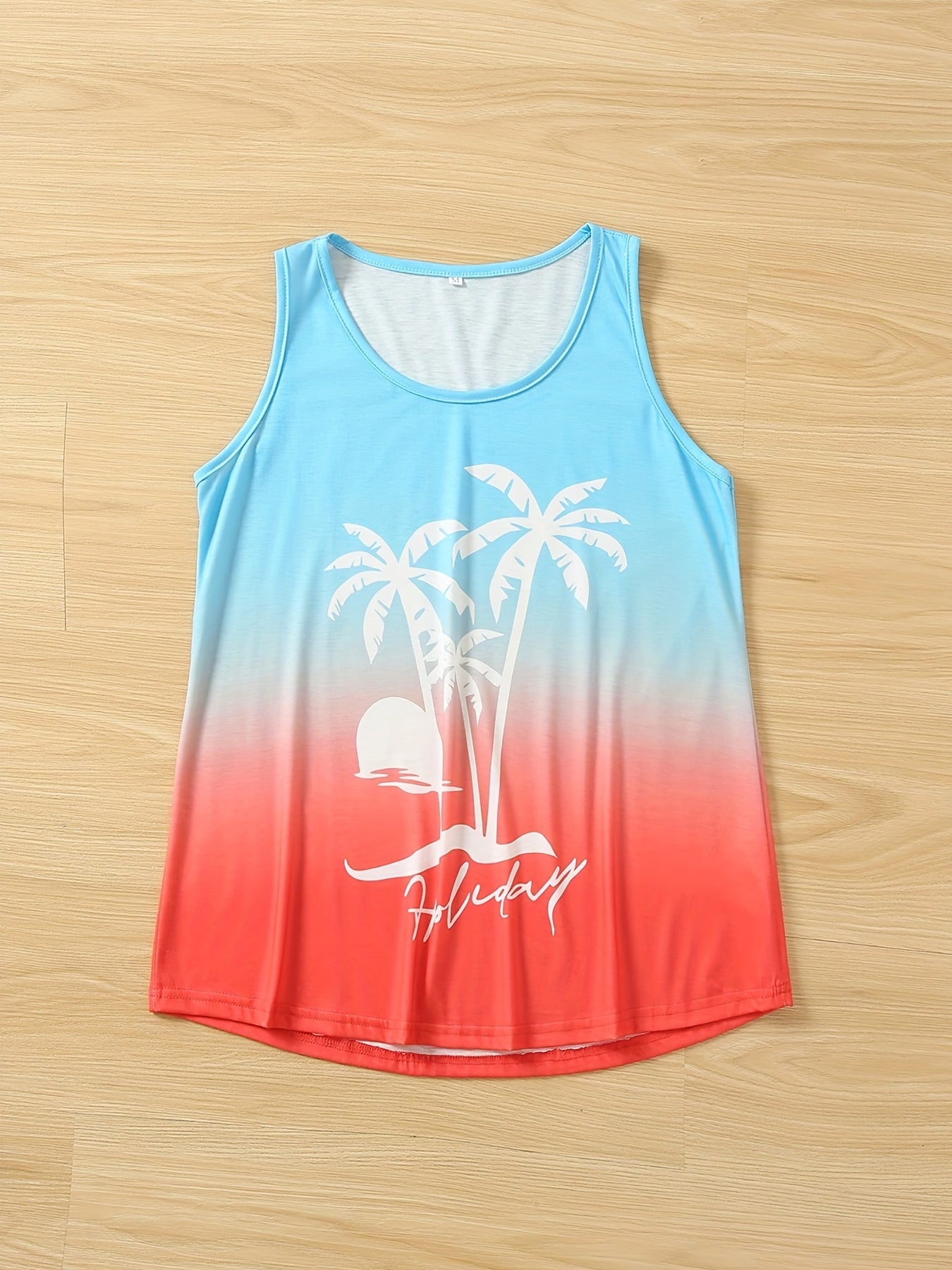 Coconut Tree Print Tank Top Gradient Summer Sleeveless Top