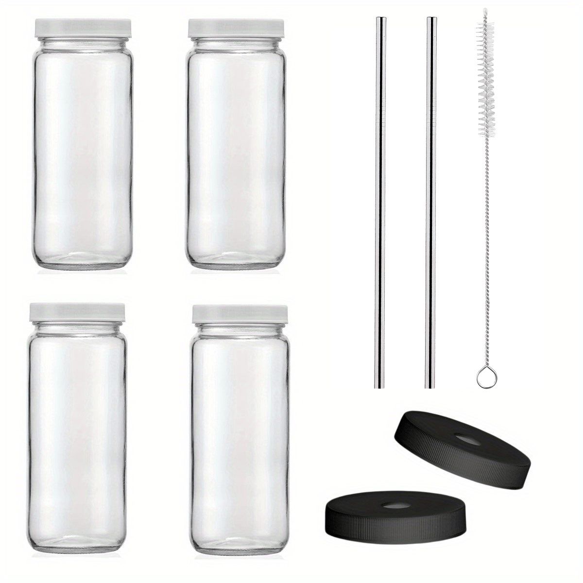 16oz Glass Juice Bottles with Lids and Straws - Perfect for Boba, Smoothies