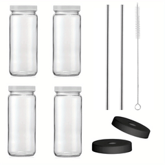 16oz Glass Juice Bottles with Lids and Straws - Perfect for Boba, Smoothies