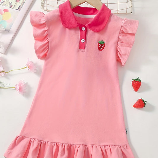 Girls Strawberry Embroidered Ruffle Trim Dress