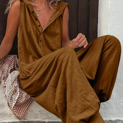 Solid Sleeveless Button Front Jumpsuit With Pockets