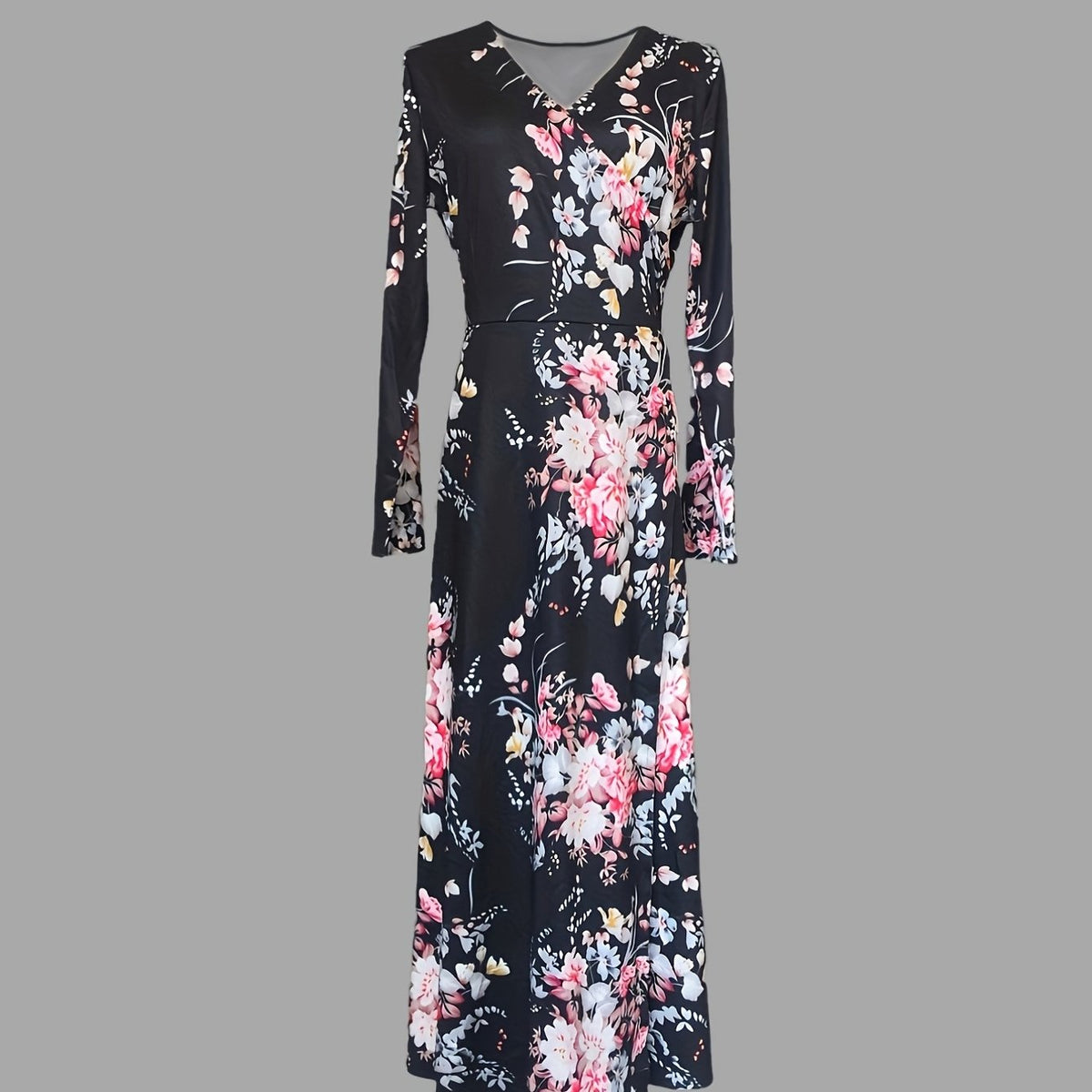 Floral Print V Neck Dress Vintage Long Sleeve Dress Women's Clothing
