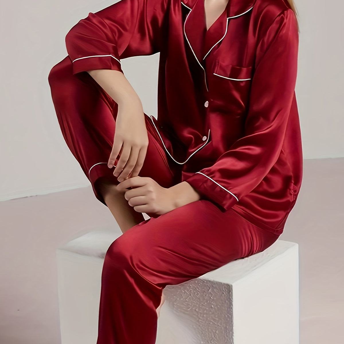 Solid Satin Lounge Set Long Sleeve Top & Pants Women's Loungewear